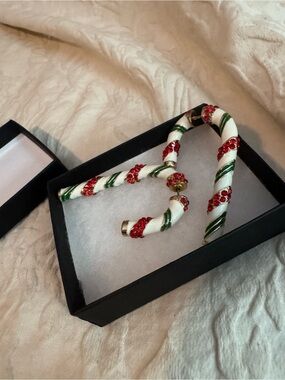 Betsey Johnson Red White and Green Candy Cane Hoop Earrings